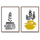 Yellow, Grey Boho Botanical Sketch Set of 2 Art Prints with Walnut Frame
