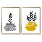 Yellow, Grey Boho Botanical Sketch Set of 2 Art Prints with Gold Frame