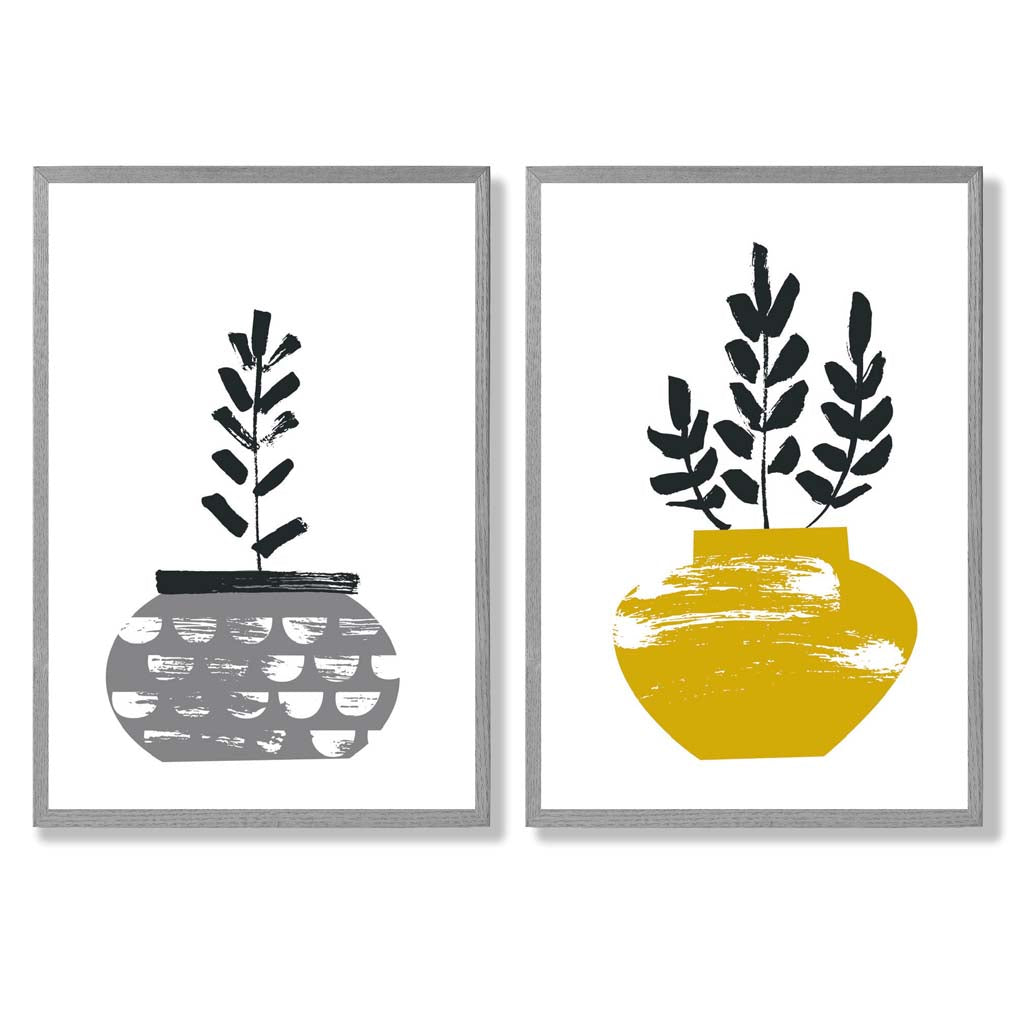 Yellow, Grey Boho Botanical Sketch Set of 2 Art Prints with Light Grey Frame