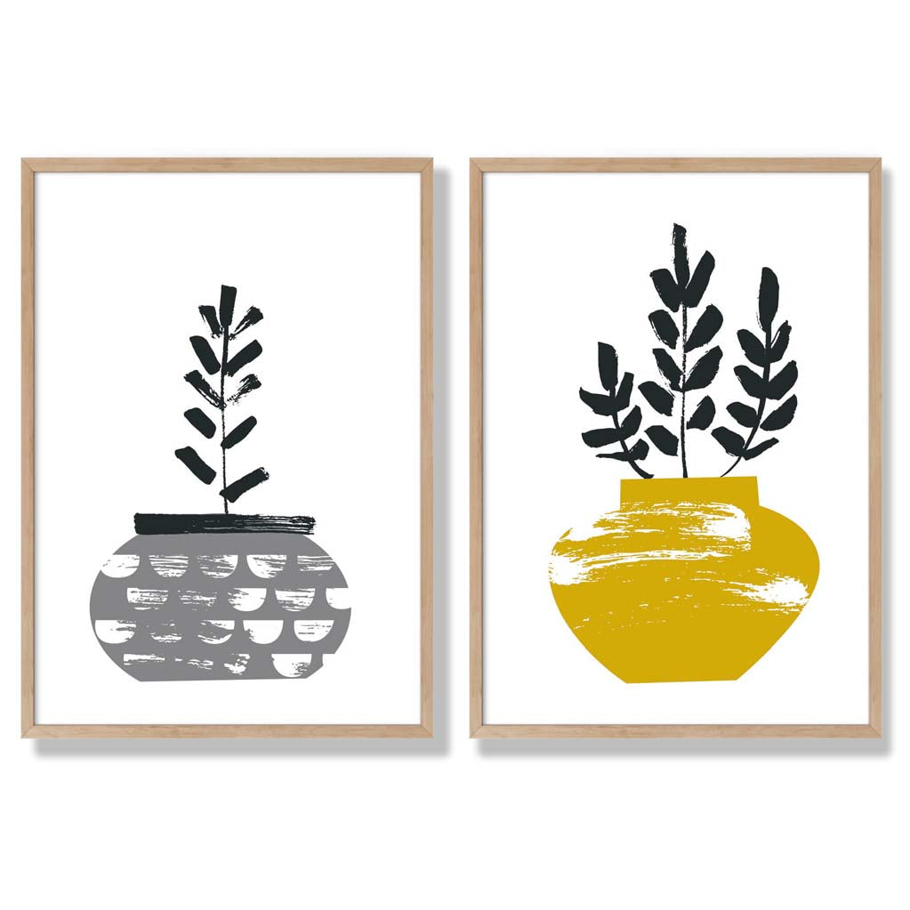 Yellow, Grey Boho Botanical Sketch Set of 2 Art Prints with Oak Frame