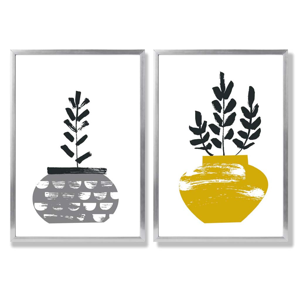 Yellow, Grey Boho Botanical Sketch Set of 2 Art Prints with Silver Frame