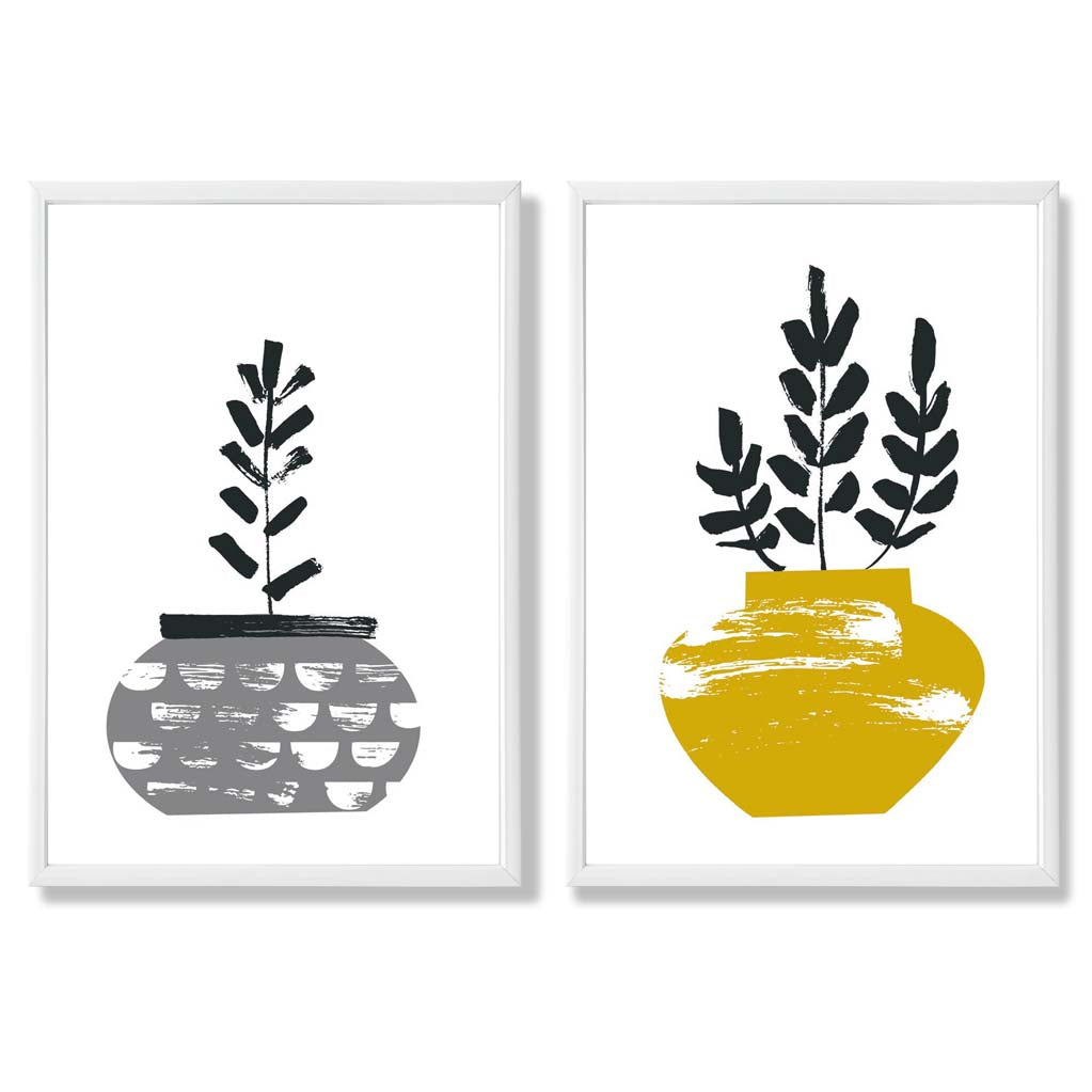 Yellow, Grey Boho Botanical Sketch Set of 2 Art Prints with White Frame