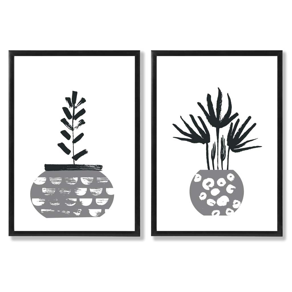 Grey Boho Botanical Sketch Set of 2 Art Prints with Black Frame