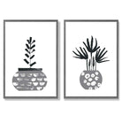 Grey Boho Botanical Sketch Set of 2 Art Prints with Dark Grey Frame