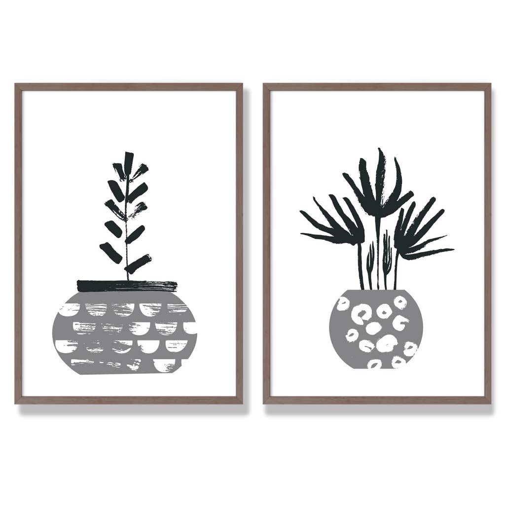 Grey Boho Botanical Sketch Set of 2 Art Prints with Walnut Frame
