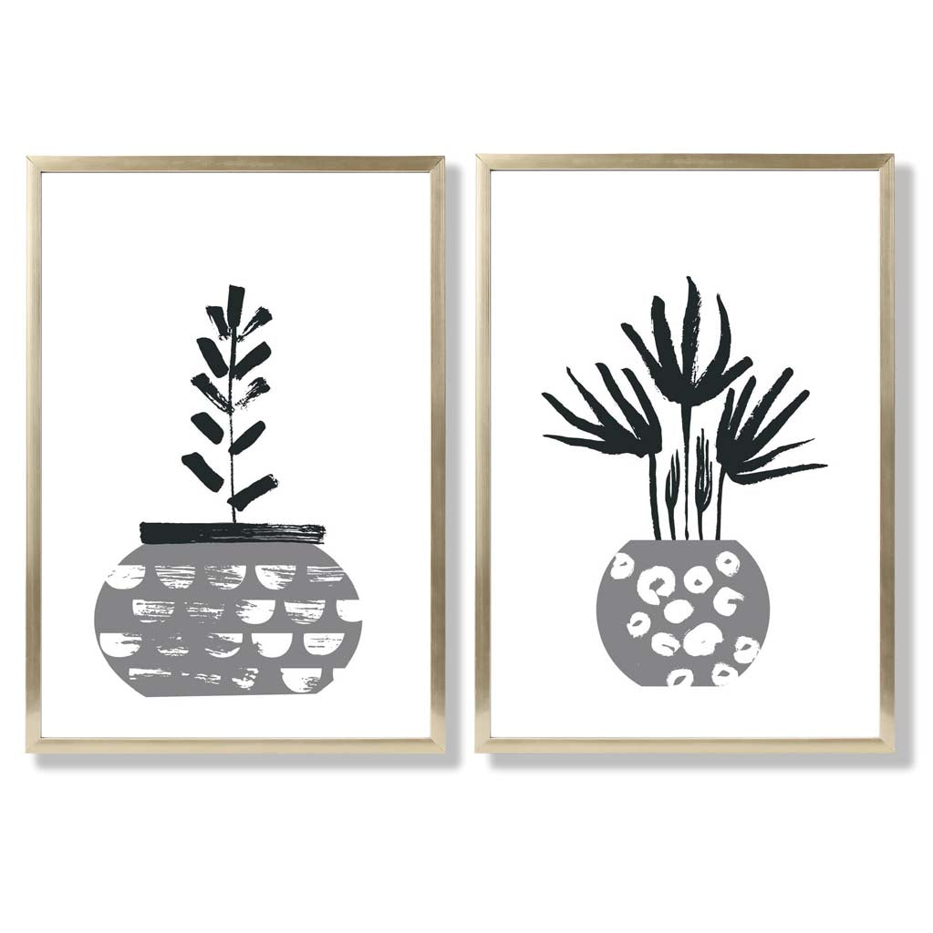 Grey Boho Botanical Sketch Set of 2 Art Prints with Gold Frame