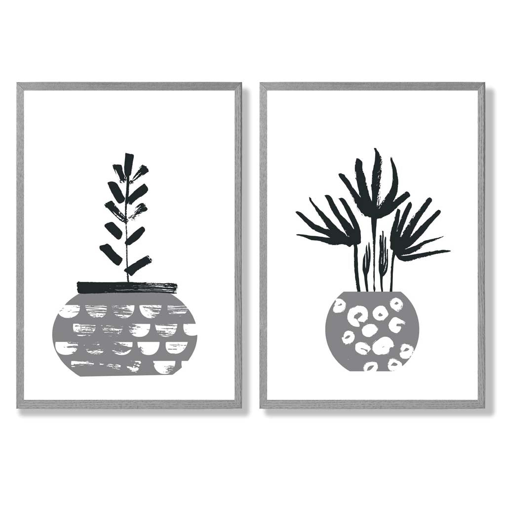 Grey Boho Botanical Sketch Set of 2 Art Prints with Light Grey Frame