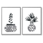 Grey Boho Botanical Sketch Set of 2 Art Prints with Light Grey Frame