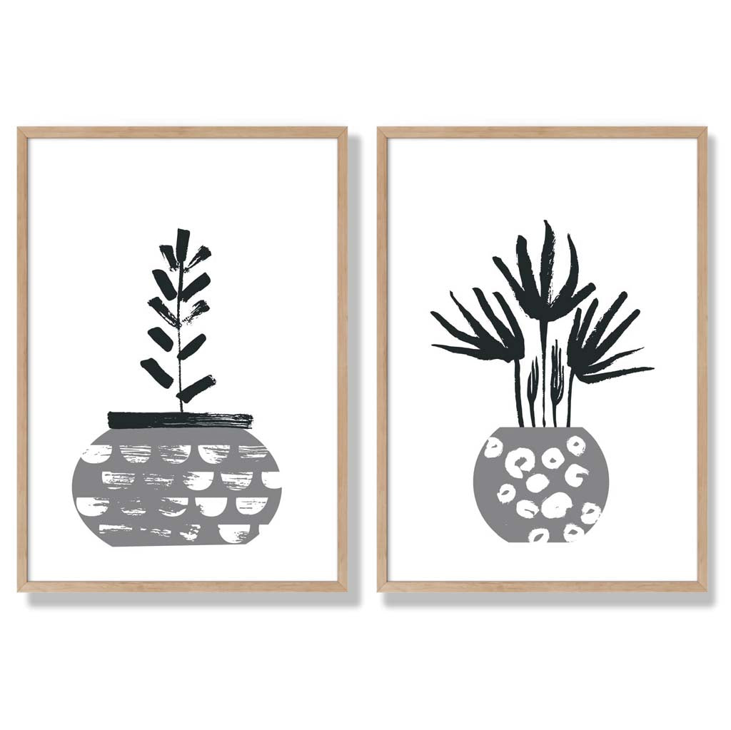 Grey Boho Botanical Sketch Set of 2 Art Prints with Oak Frame
