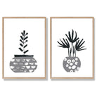 Grey Boho Botanical Sketch Set of 2 Art Prints with Oak Frame