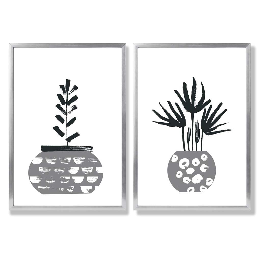 Grey Boho Botanical Sketch Set of 2 Art Prints with Silver Frame