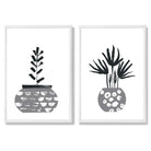 Grey Boho Botanical Sketch Set of 2 Art Prints with White Frame