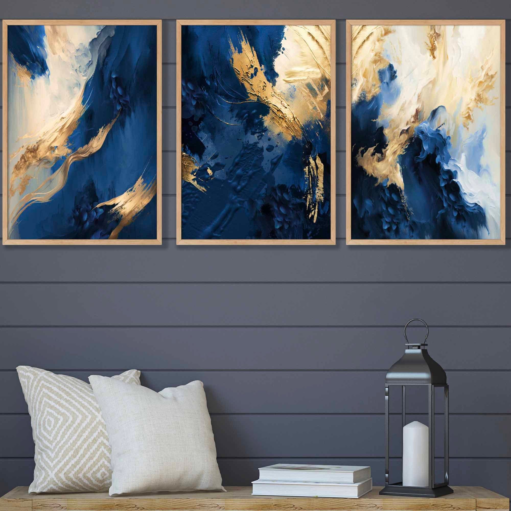 Abstract Navy Blue and Gold Set of 3 Wall Art Prints