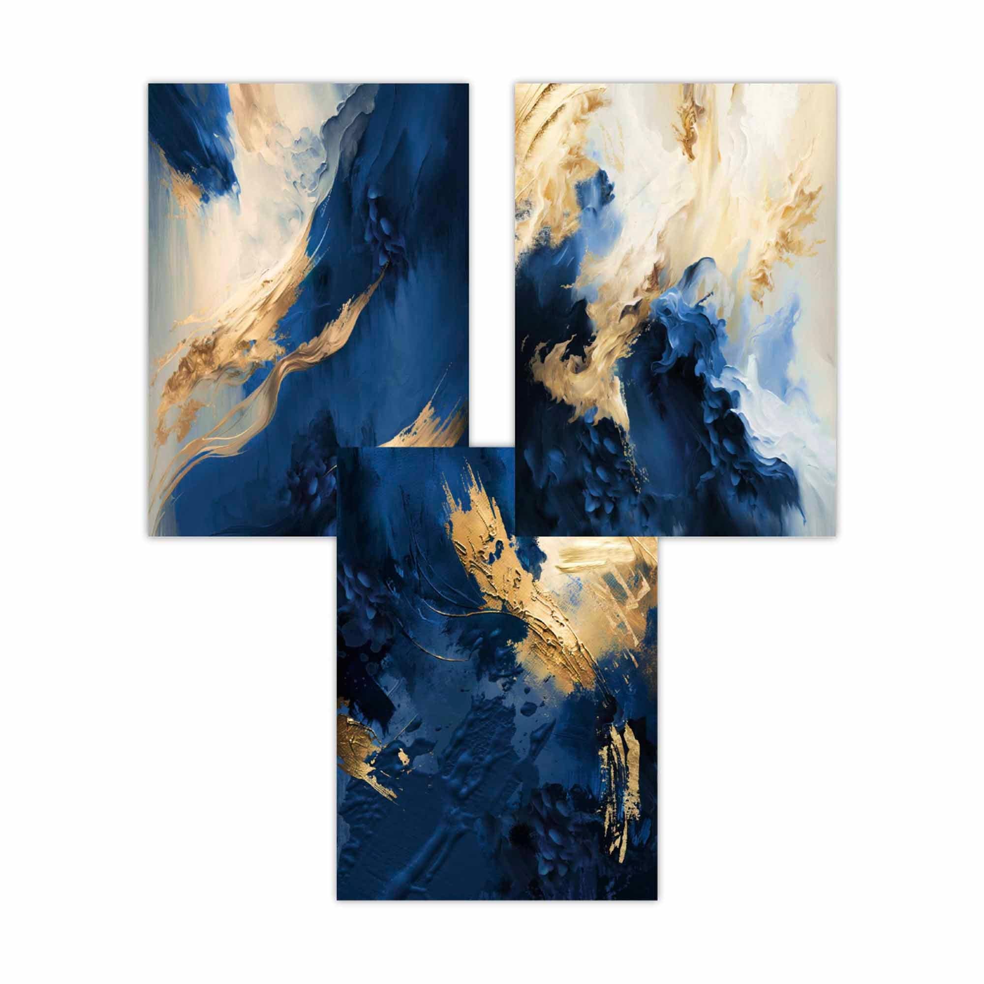 Abstract Navy Blue and Gold Set of 3 Wall Art Prints