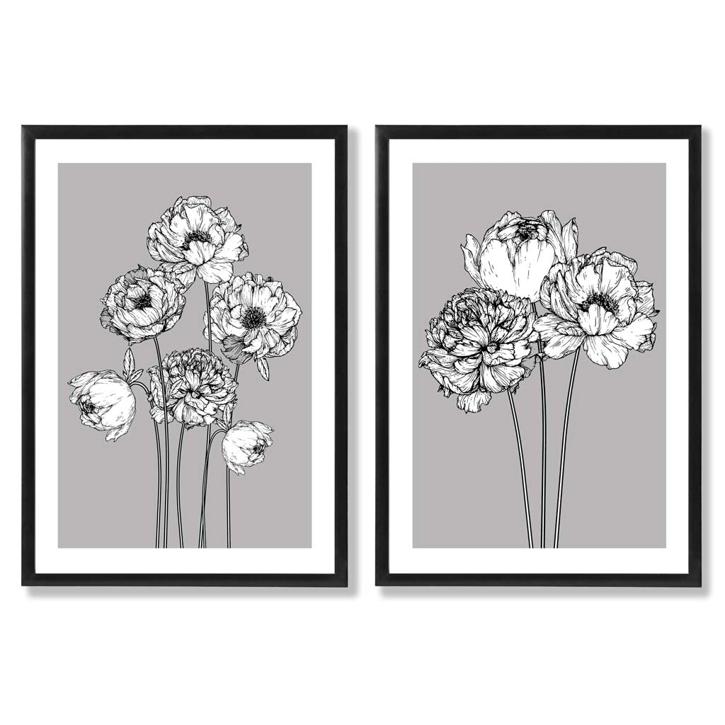 Grey Sketch Peonies Set of 2 Art Prints with Black Frame