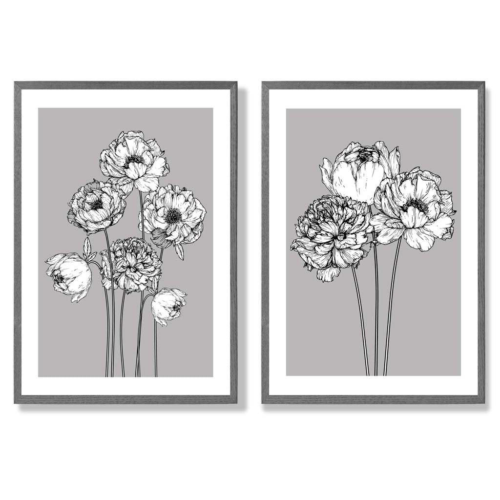 Grey Sketch Peonies Set of 2 Art Prints with Dark Grey Frame