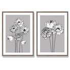 Grey Sketch Peonies Set of 2 Art Prints with Walnut Frame