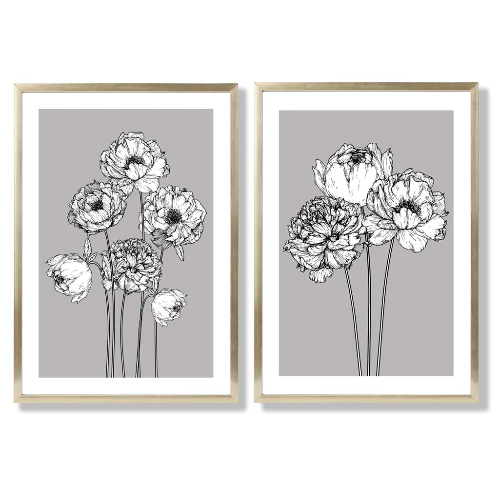 Grey Sketch Peonies Set of 2 Art Prints with Gold Frame