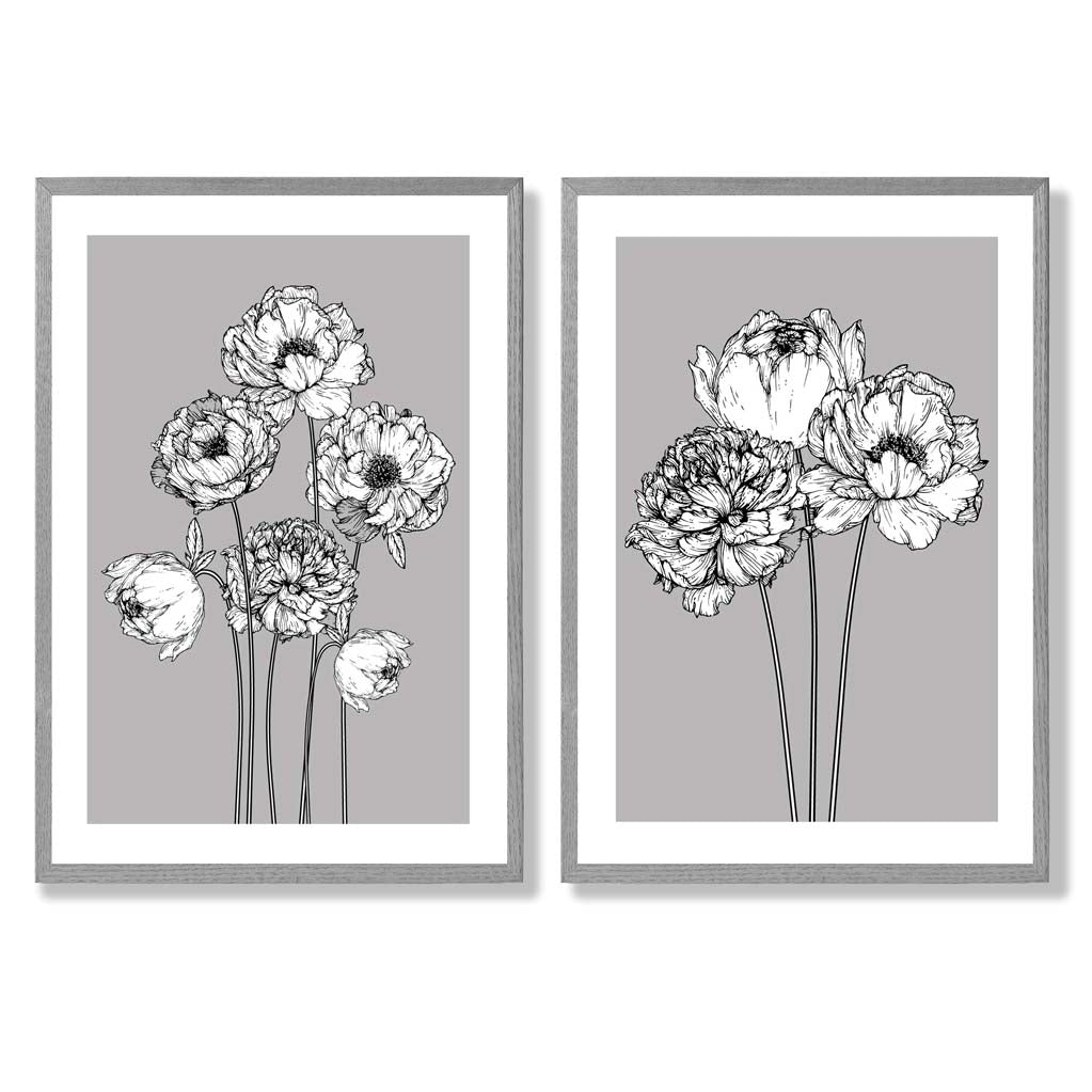 Grey Sketch Peonies Set of 2 Art Prints with Light Grey Frame