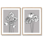 Grey Sketch Peonies Set of 2 Art Prints with Oak Frame