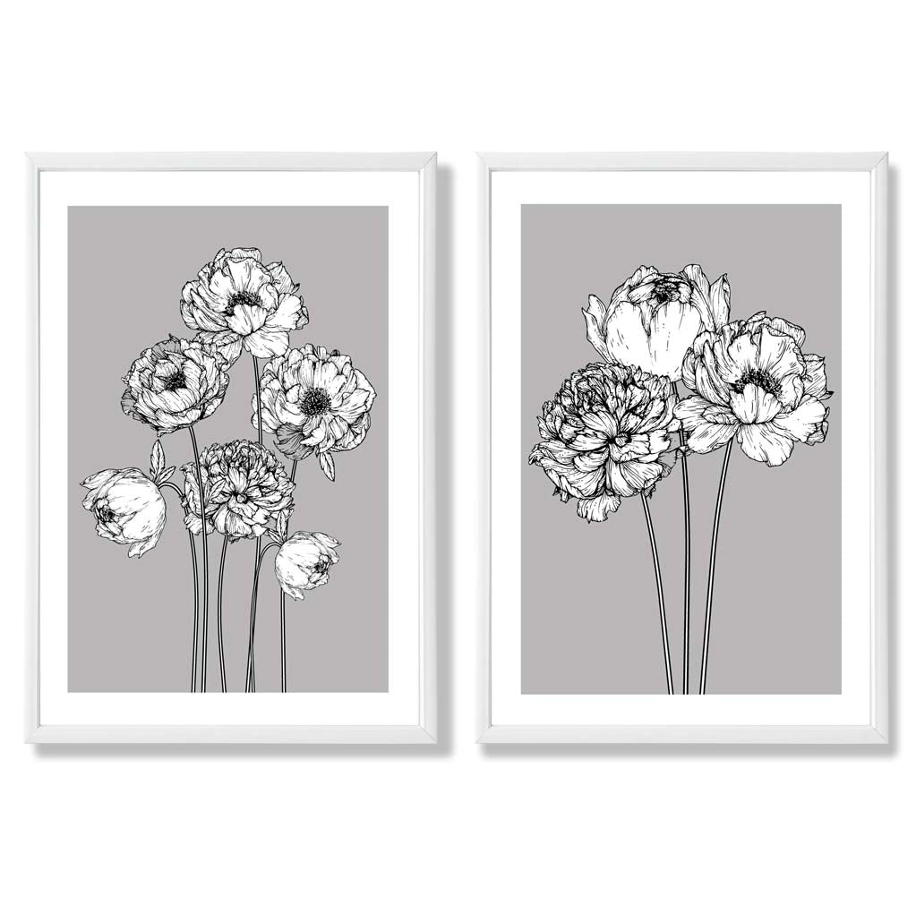 Grey Sketch Peonies Set of 2 Art Prints with White Frame