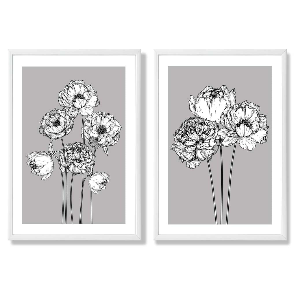 Grey Sketch Peonies Set of 2 Art Prints with White Frame