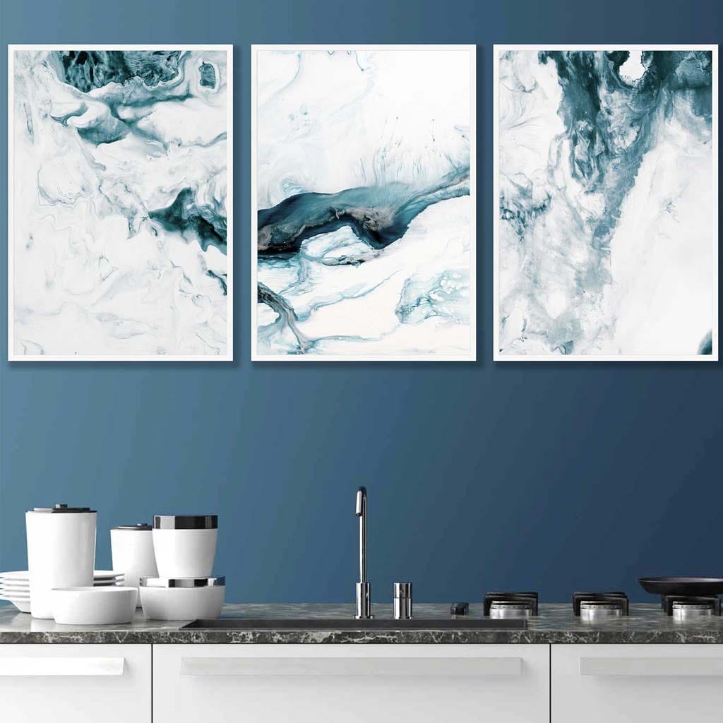 Abstract Teal and White Set of 3 Wall Art Prints