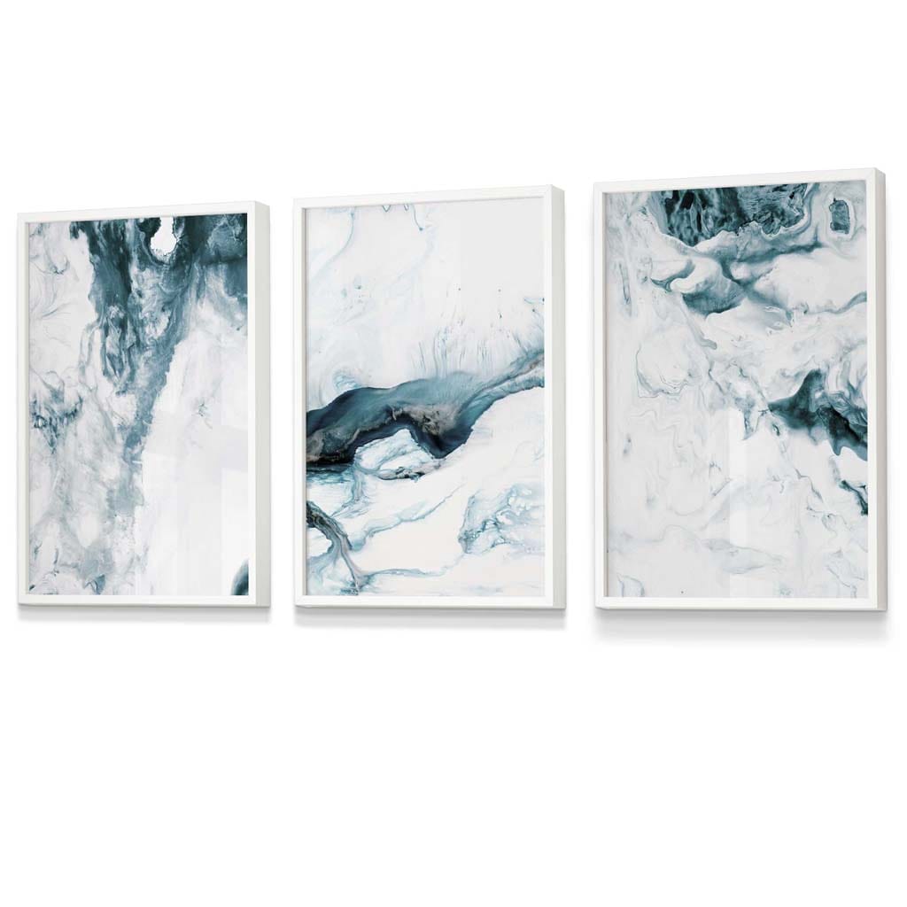 Abstract Teal and White Set of 3 Framed Wall Art – Artze Wall Art