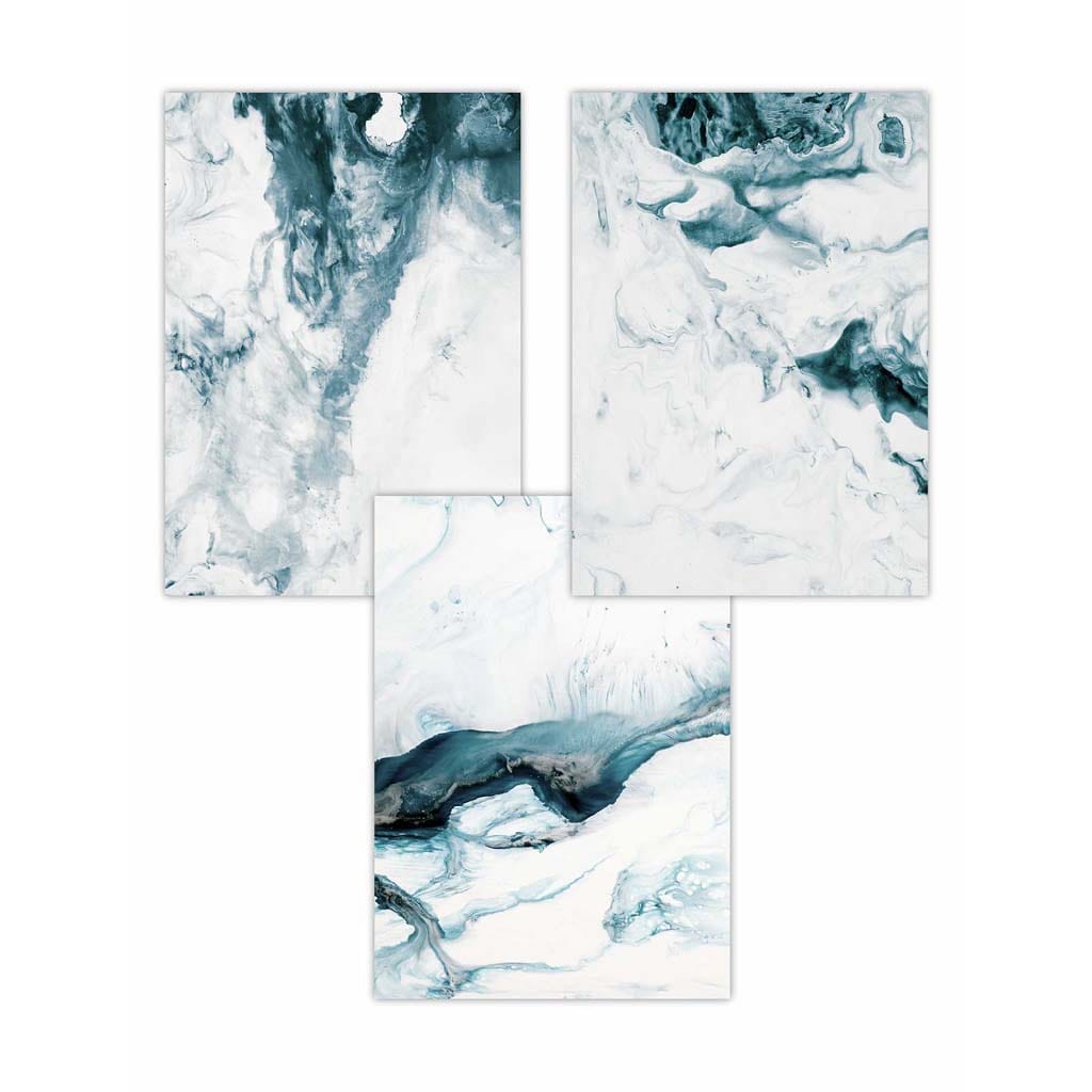 Abstract Teal and White Set of 3 Wall Art Prints
