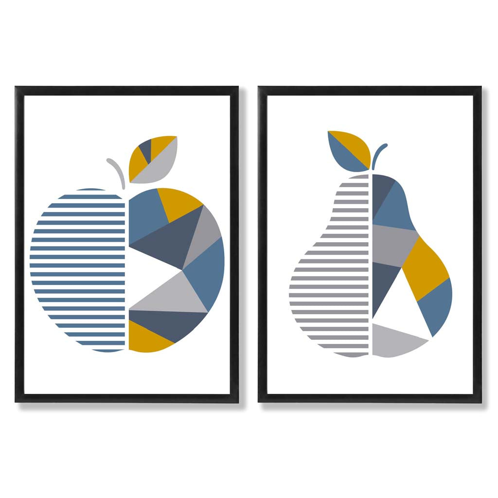 Grey,Blue Geometric Fruit Apple Set of 2 Art Prints with Black Frame