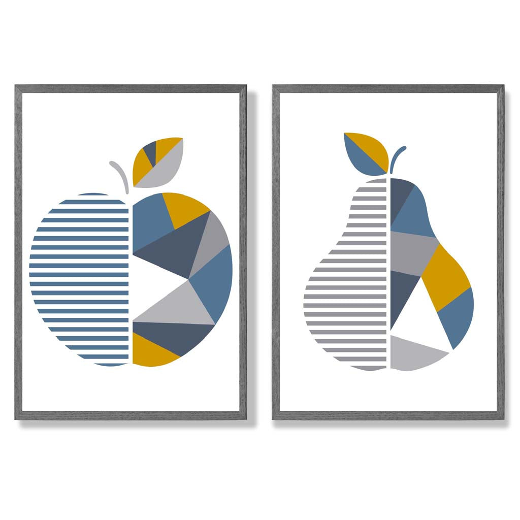 Grey,Blue Geometric Fruit Apple Set of 2 Art Prints with Dark Grey Frame