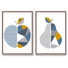 Grey,Blue Geometric Fruit Apple Set of 2 Art Prints with Walnut Frame