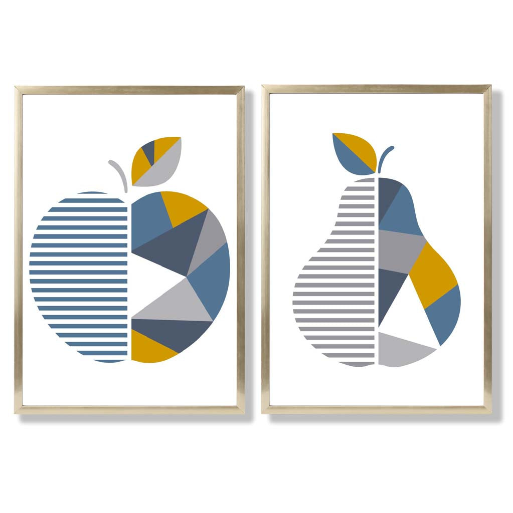 Grey,Blue Geometric Fruit Apple Set of 2 Art Prints with Gold Frame