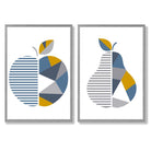 Grey,Blue Geometric Fruit Apple Set of 2 Art Prints with Light Grey Frame