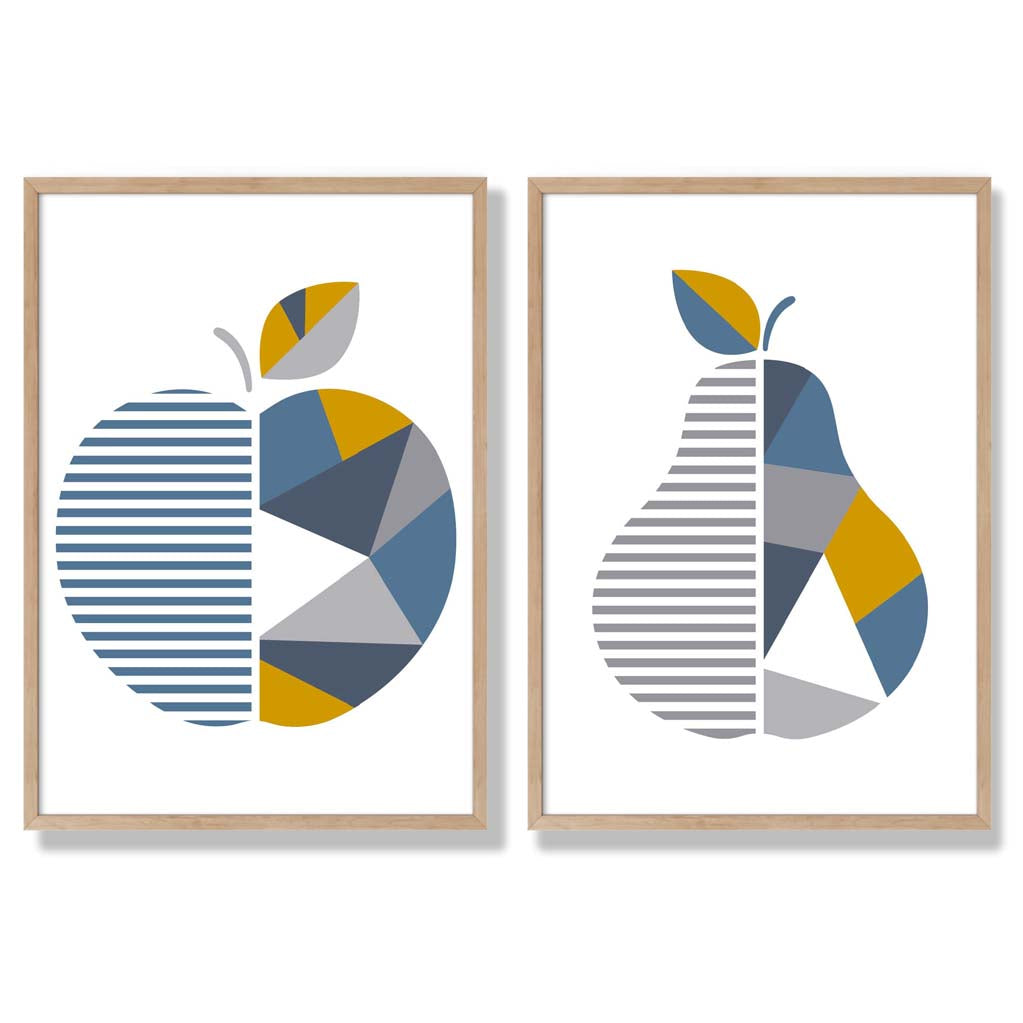 Grey,Blue Geometric Fruit Apple Set of 2 Art Prints with Oak Frame