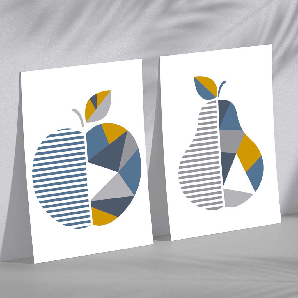 Grey,Blue Geometric Fruit Apple Set of 2 Art Prints