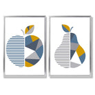 Grey,Blue Geometric Fruit Apple Set of 2 Art Prints with Silver Frame
