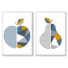Grey,Blue Geometric Fruit Apple Set of 2 Art Prints with White Frame