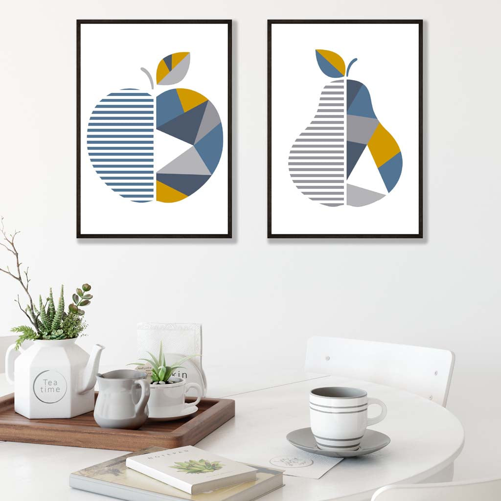 Grey and Blue Geometric Fruit Apple and Pear Prints | Artze Wall Art UK