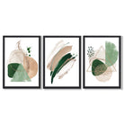 Abstract Set of 3 Sage Green and Beige Framed Art Prints with Black Wooden Frames