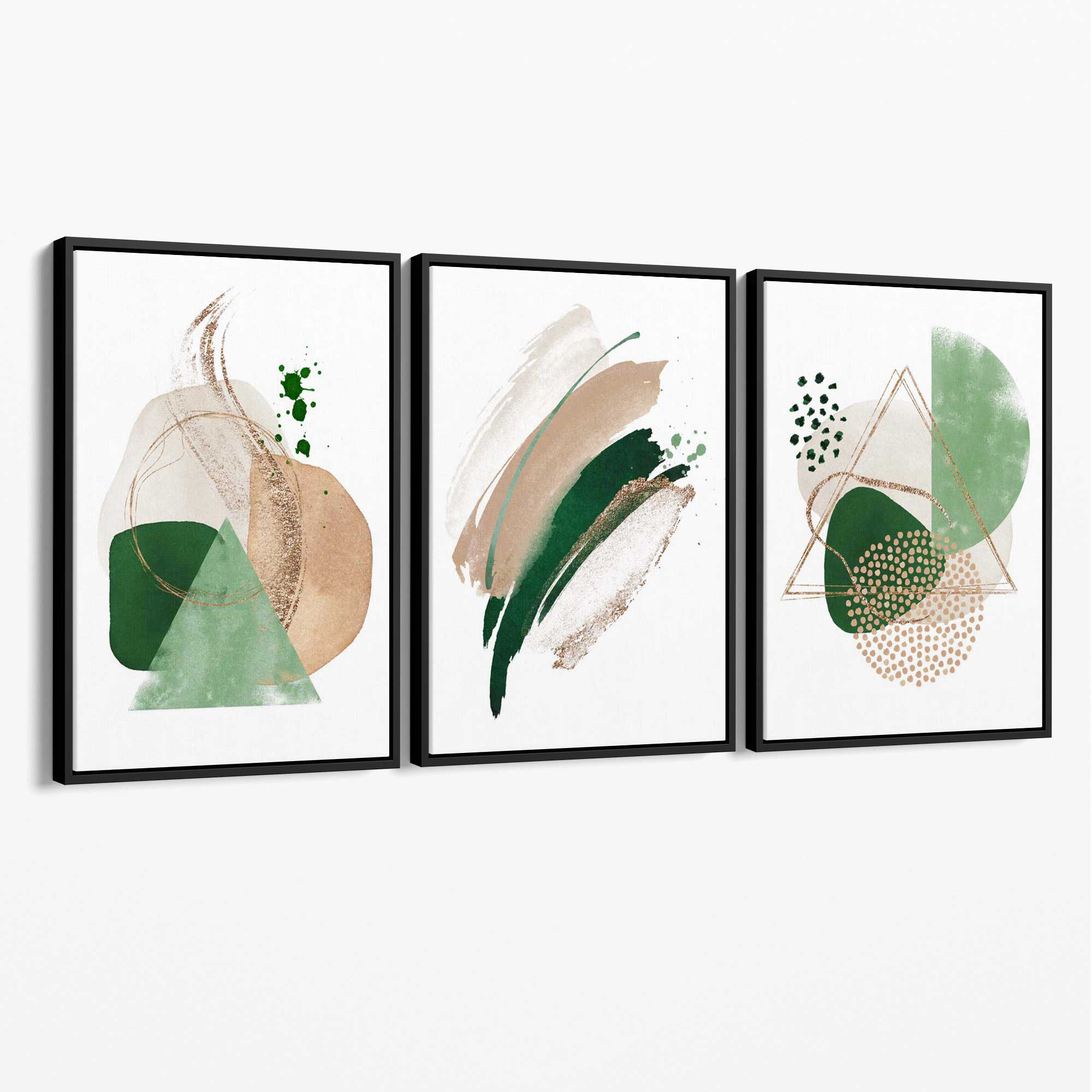 Abstract Set of 3 Sage Green and Beige Canvas Art Prints with Black Float Frame