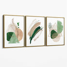 Abstract Set of 3 Sage Green and Beige Canvas Art Prints with Gold Float Frame