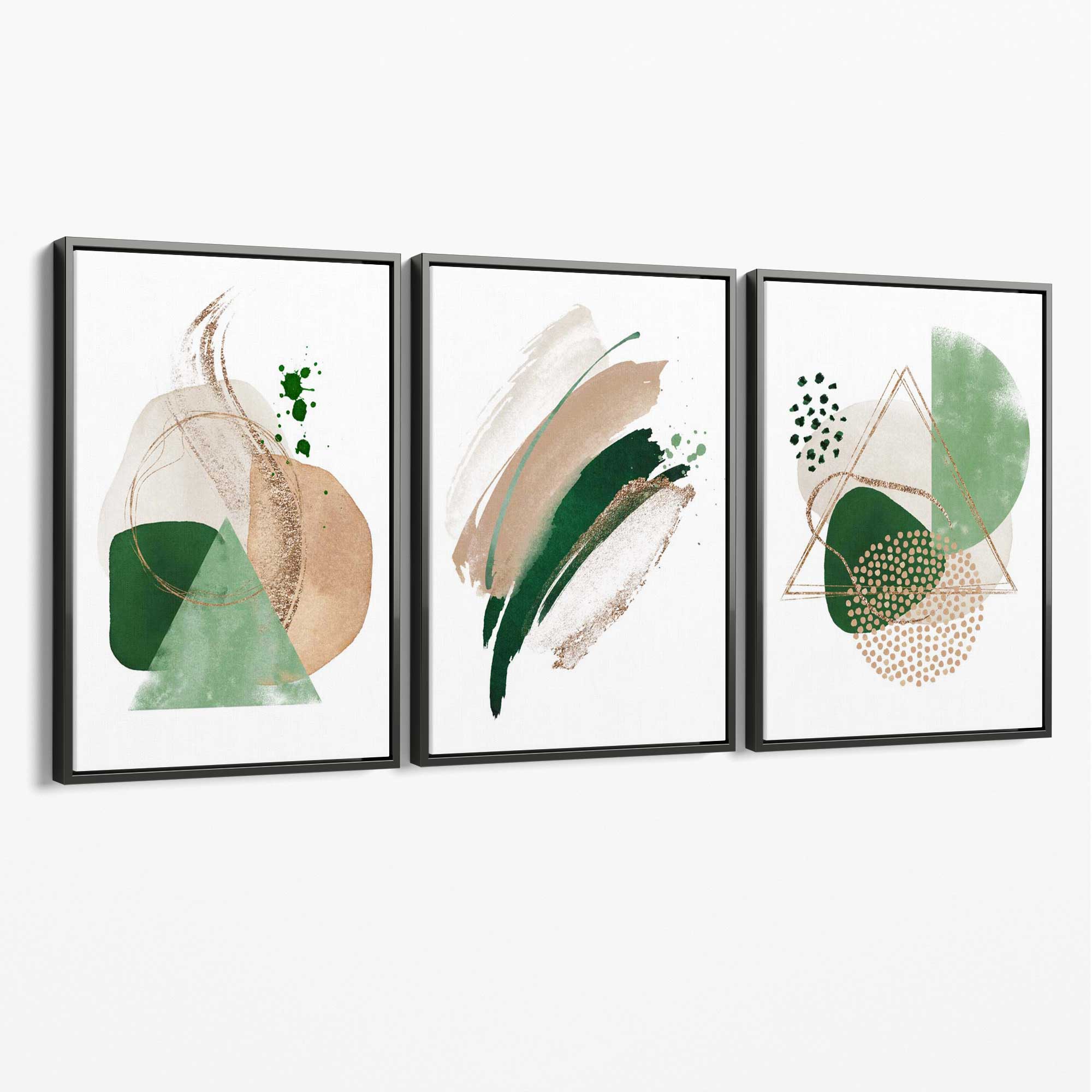 Abstract Set of 3 Sage Green and Beige Canvas Art Prints with Grey Float Frame