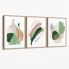 Abstract Set of 3 Sage Green and Beige Canvas Art Prints with Oak Float Frame