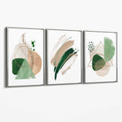 Abstract Set of 3 Sage Green and Beige Canvas Art Prints with Silver Float Frame