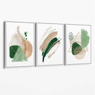 Abstract Set of 3 Sage Green and Beige Canvas Art Prints with White Float Frame