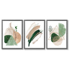 Abstract Set of 3 Sage Green and Beige Framed Art Prints with Dark Grey Wooden Frames