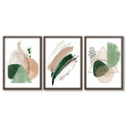 Abstract Set of 3 Sage Green and Beige Framed Art Prints with Dark Wood Frames