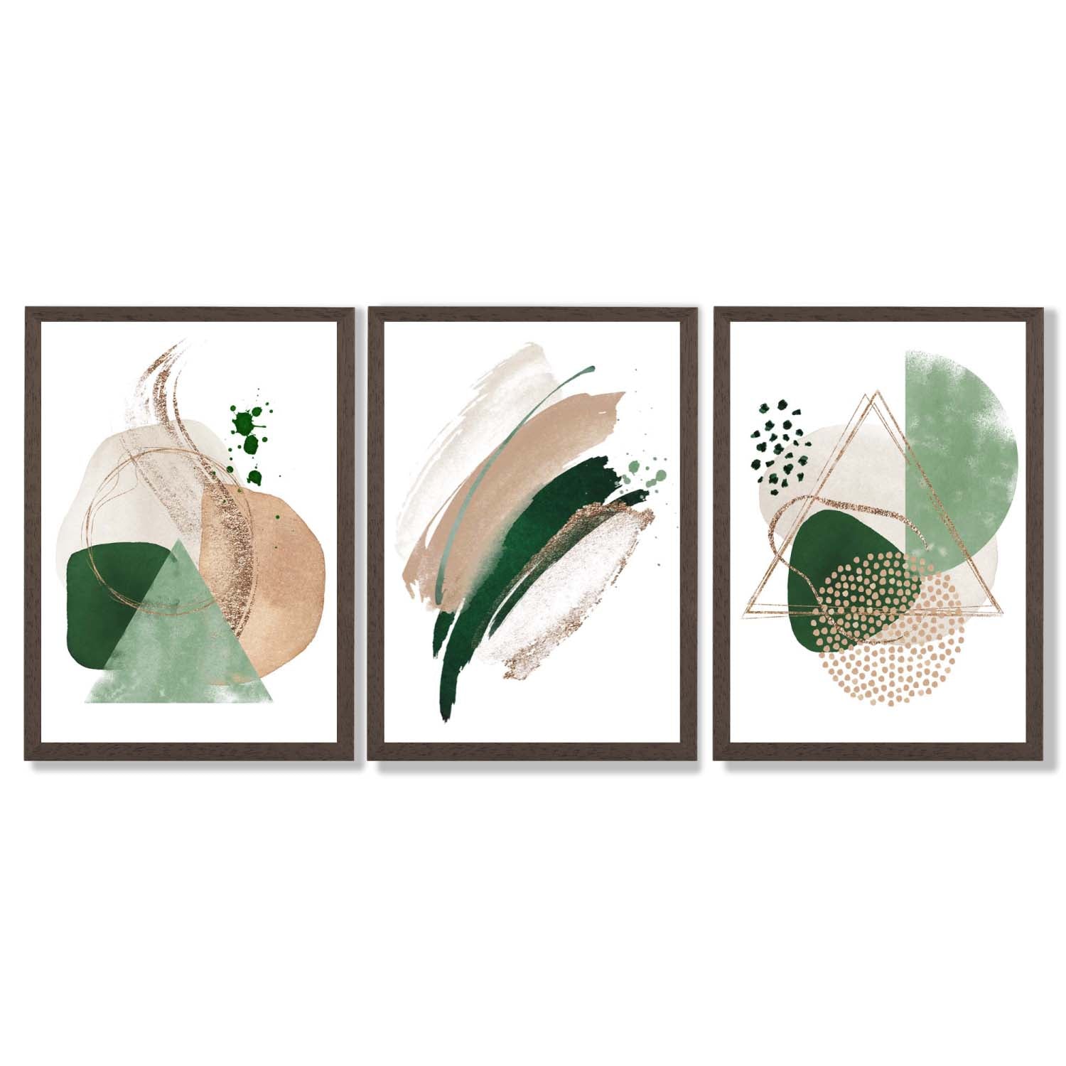 Abstract Set of 3 Sage Green and Beige Framed Art Prints with Dark Wood Frames