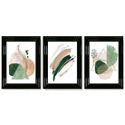 Abstract Set of 3 Sage Green and Beige Framed Art Prints with Glossy Black Frames